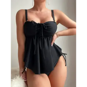 High Stretch Slimming Tankini Set - Women's Solid Color Summer Vacation Swimwear - Polyester Fabric Belly Cover-Up