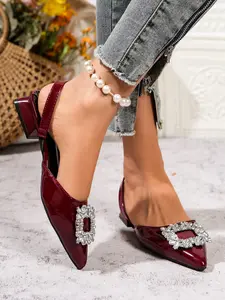 Women’s Patent Leather Slingback Heels with Rhinestone Buckle, Pointed Toe Low Heel Dress Shoes for Work, Office, Party & Formal Occasions