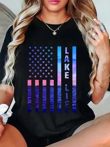 Lake Life American Dock Sunset Wakeboarder Power Boat-Shirt Summer Outfits Women Shirts Women Graphic  Women beach tees