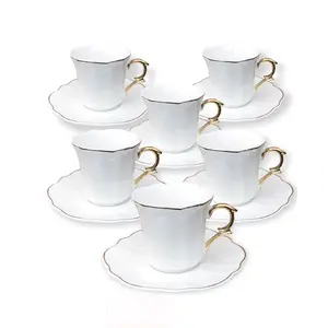 White Tea Cups and Saucers Set of 6 (3 oz), Porcelain White Tea Cup Set with Golden Trim Design, Dishwasher Safe, Christmas New Year Gifts