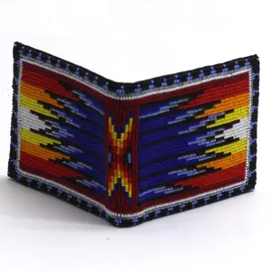 Handmade beaded Native American style genuine leather Men's bifold Wallet/purse - Deep Blue Fire