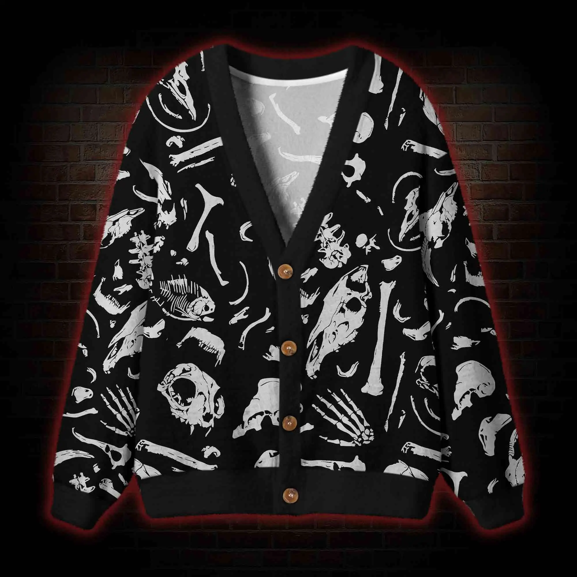 Gothic Animal Bones Skulls Cardigan, Spooky Season Creepy Graphic V-Neck Button Down Top, Alternative Grunge Streetwear