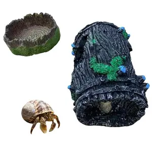 Hermit Crab Terrarium Decor Set: Weathered Barrel Hideout & Hollow Tree Stump Cave with Water Bowl for Reptile Habitat Accessories（Acrylic case not included）