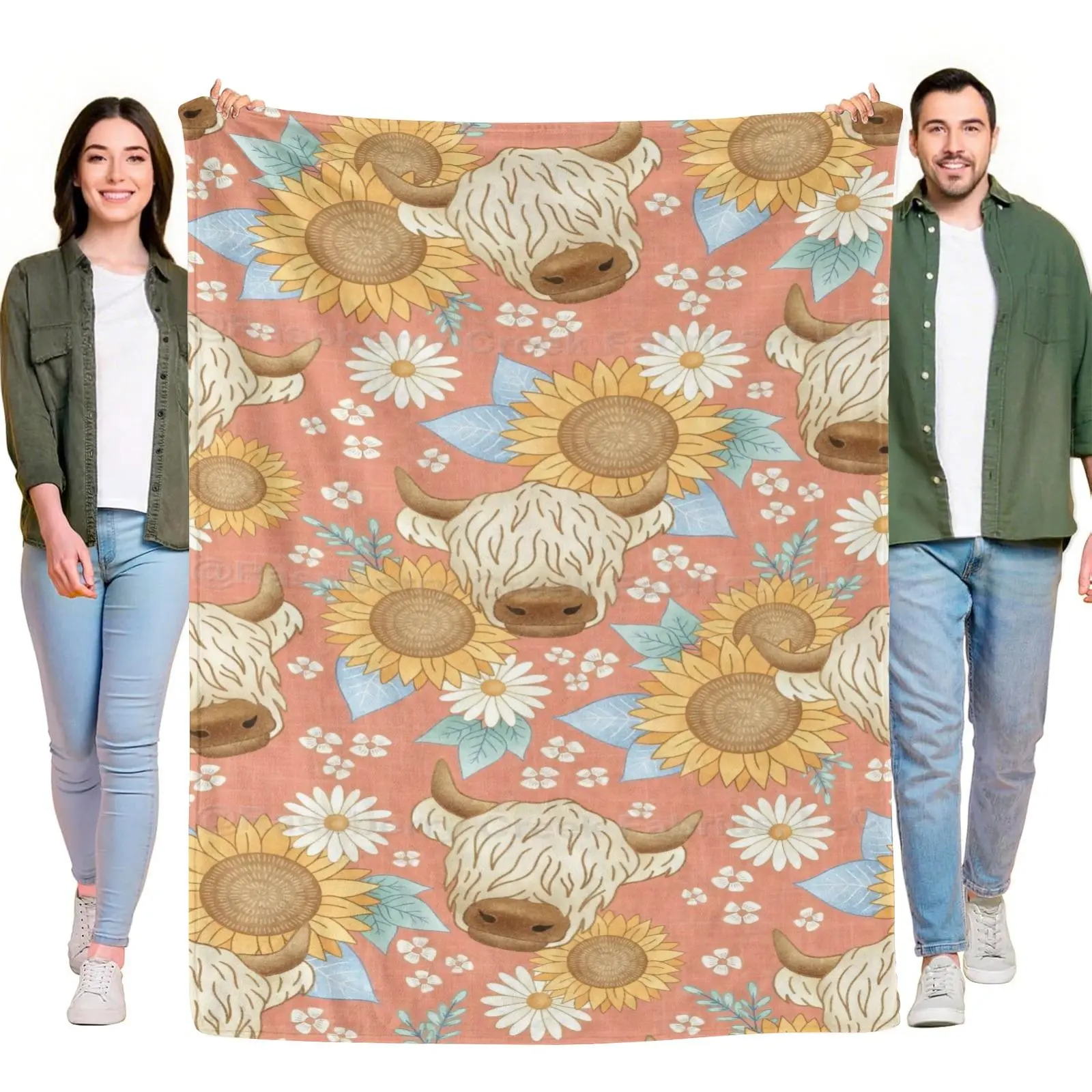 Single Rectangular Boho Highland Cow Throw Blanket - Rustic Western Farm Animal, Sunflower Daisy Floral Seamless Pattern, Peach Background, Lightweight for Country Style Bedroom Sofa, Multi-Size