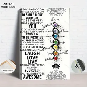 1Pcs Framed 2D Flat Modern Minimalist Inspirational Canvas Wall Art with Frame Positive Quotes Meditation Yoga Chakra Mandala Pattern Home Decor for Living Room Bedroom Study Nordic Style Hanging Paint