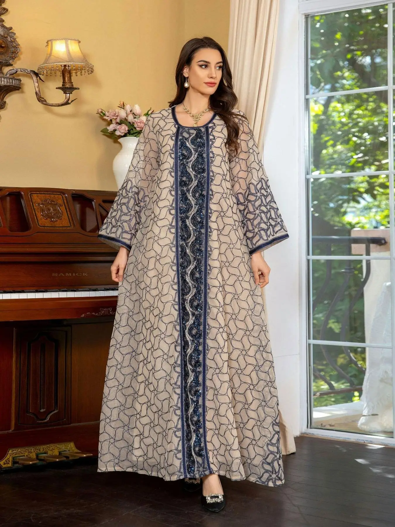 Women's Embroidery Sequins Abaya without Hijab, Elegant Round Neck Long Sleeve Dress for Party Wedding Guest, Ladies Islamic Clothing for Summer