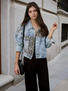 Fashion, Casual, Classic, Versatile, Worn Denim Jacket, Leopard Print Splicing Short Jacket Top ,Womenswear Long Sleeve