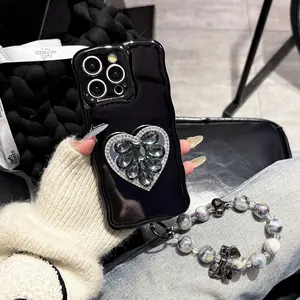 Fashionable Heart Design Phone Case with Chain & Holder, Anti-slip & Anti-drop Durable Wave Case, Phone Accessories Compatible with iPhone 15 14 13 12, Protective