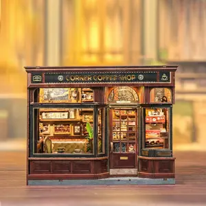 Corner Coffee Shop DIY Dollhouse Kit Miniature House Book Nook with LED Light Handmade Cozy Coffee Bar Diorama Gift