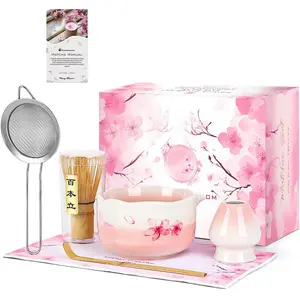 7PCS Matcha Whisk Set, Sakura Cherry Bloosm Matcha Kit Christmas Gifts for Women Birthdays Mom Girls Kids and Matcha Tea Lover, with Bamboo Whisk, Holder, Bowl, Scoop, Sifter, Towel, and Elegant box, Ceramic, Steel
