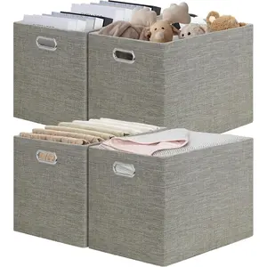15.12"x12.13"x12.01" Storage Cube Bins, Linen Decorative Closet Storage Organizer for IKEA Kallax, 4 Pack Fabric Foldable Large Storage Baskets for Closet, Shelves, Clothes,  -Coffee