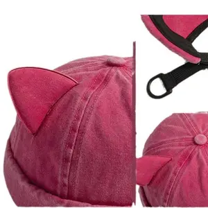 Spring Cute Cat Ears Brimless Hat Casual Solid Color Adjustable Cat Ear Beanie Hat Soft Breathable Washed Old Unisex Beanie Cap