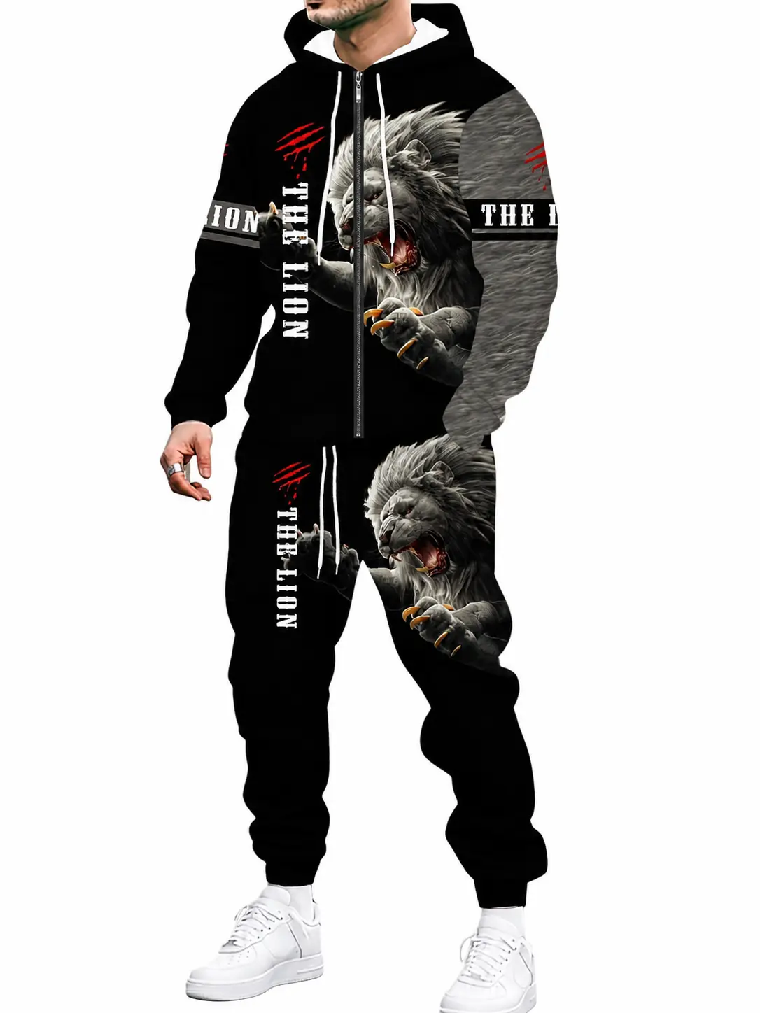 Men's Graphic Lion Pattern Streetwear Tracksuit, 2-Piece Menswear Polyester Zipper Hoodie & Sweatpants Set, Long Sleeves, Fashion Casual, Machine Washable, Suitable for Spring/Autumn, Print, Longsleeves, Stylish, Gym, Clothes
