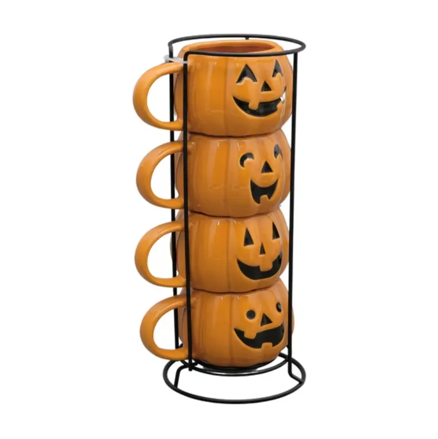4-Pack Halloween Pumpkin Stackable Ceramic Mugs, Cute Fall Coffee Cup Set for Kitchen & Holiday Decor