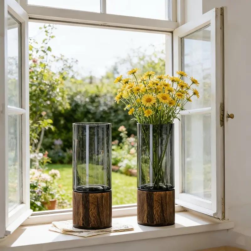 Elegant Vintage Glass Bud Vases Set, Embossed Decorative Flower Vase with Wooden Base, Small Glass Vase for Home Decor, Living Room, Dining Table, Shelf Decor, Wedding Centerpiece Gift