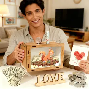 Wooden Transparent Piggy Bank, Cute Squirrel Cartoon Print, Half-Transparent Creative Savings Jar, Ideal Gift for Teens, Friends, Children