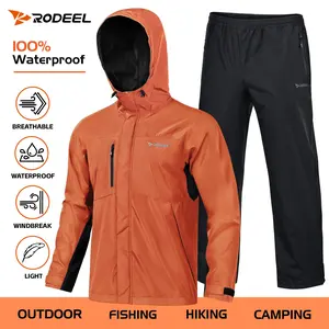 RODEEL 719 Waterproof Jacket and Pants Set Men Rainproof Lightweight Breathable Full Zip Hooded Rain Coat Durable Rain Suit Weatherproof Rainwear Windbreaker For Outdoor Hiking Camping Fishing Construction Roofing Landscaping, Holiday Gift