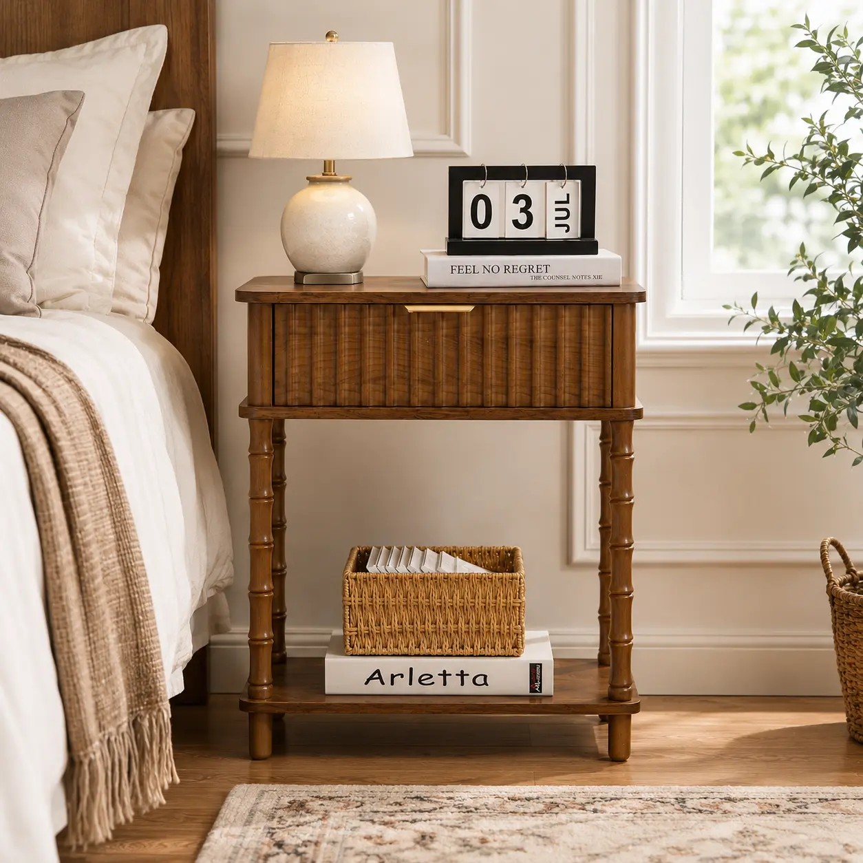 French Chic Walnut Wood-Tone Nightstand - Indoor Furniture Side End Table with Fluted Drawer, Open Shelf, Decorative Spindle Legs, Tool-Free Setup for Small Bedrooms