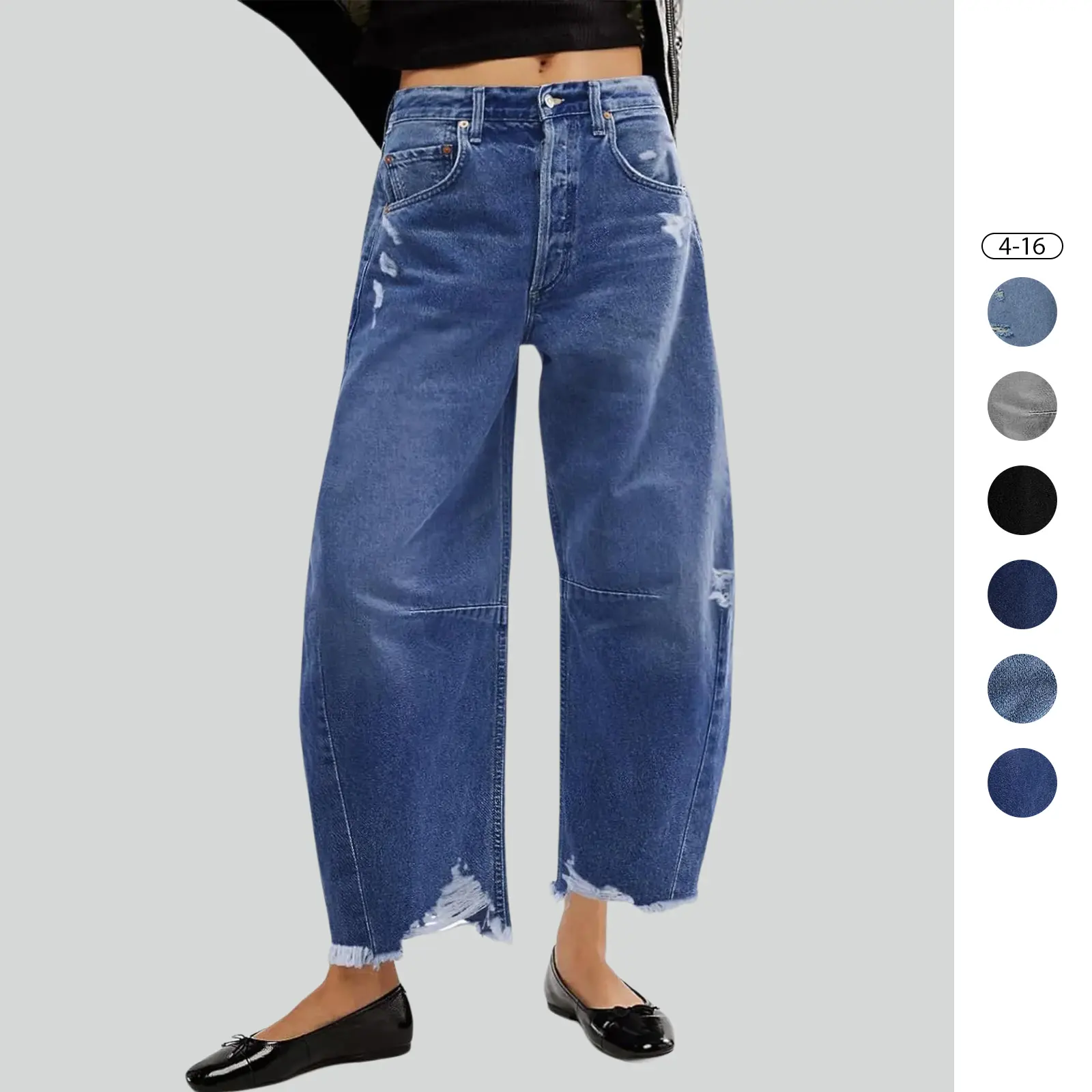 Imily Bela Women's Baggy Wide Leg Jeans Barrel Horseshoe Boyfriend Cropped Raw Hem Denim Pants