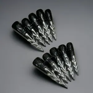 [Dark Silver Tree Gothic]Diamonds Sparkle Gold-Plated Double-Layer Embossed Cat-Eye Gradient Advanced Handmade Press on Nails Nail Art Sassy Stunning Elegant Luxurious Iridescent Glitter Butterfly fake nails nail stickers nail charms