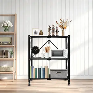 3-Tier Adjustable Metal Shelving Unit - Foldable Storage Shelves with Wheels, Kitchen Appliance Stand, Freestanding Metal Wire Shelf Rack, No Assembly Organizer Rolling Cart for Garage, Basement, Pantry