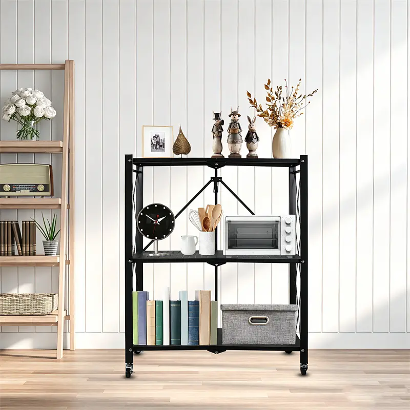 3-Tier Adjustable Metal Shelving Unit - Foldable Storage Shelves with Wheels, Kitchen Appliance Stand, Freestanding Metal Wire Shelf Rack, No Assembly Organizer Rolling Cart for Garage, Basement, Pantry