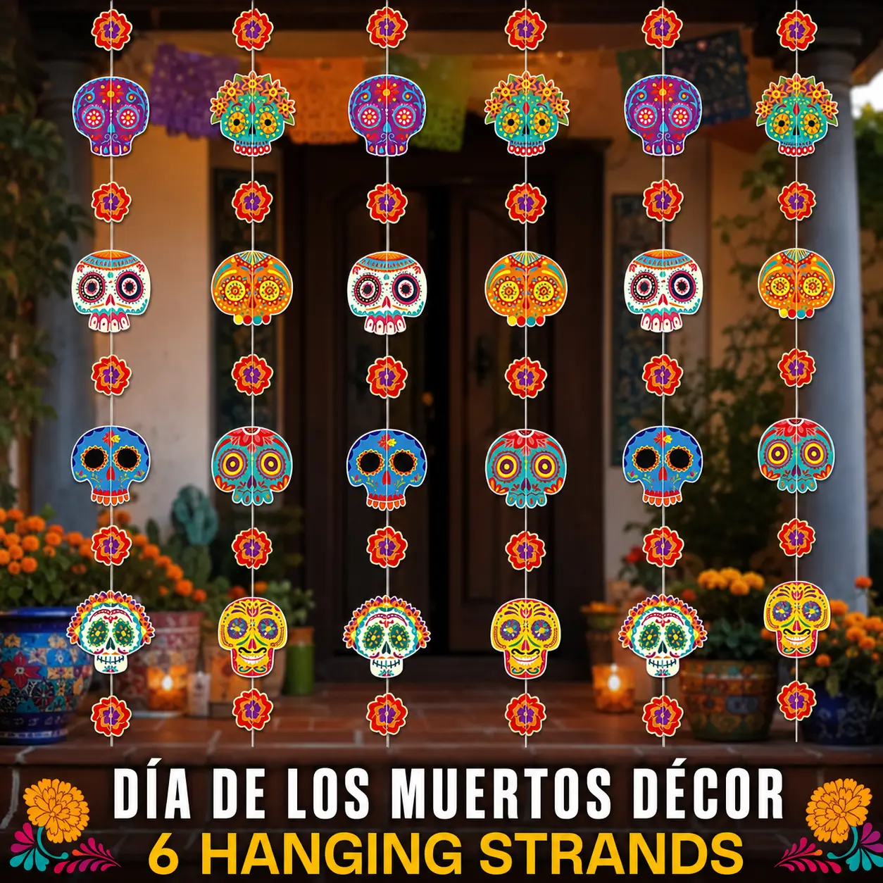 6-Pack Día de los Muertos Sugar Skull Hanging Garlands, Colorful Day of the Dead Decorations, Mexican Fiesta Party Porch Door Backdrop Décor