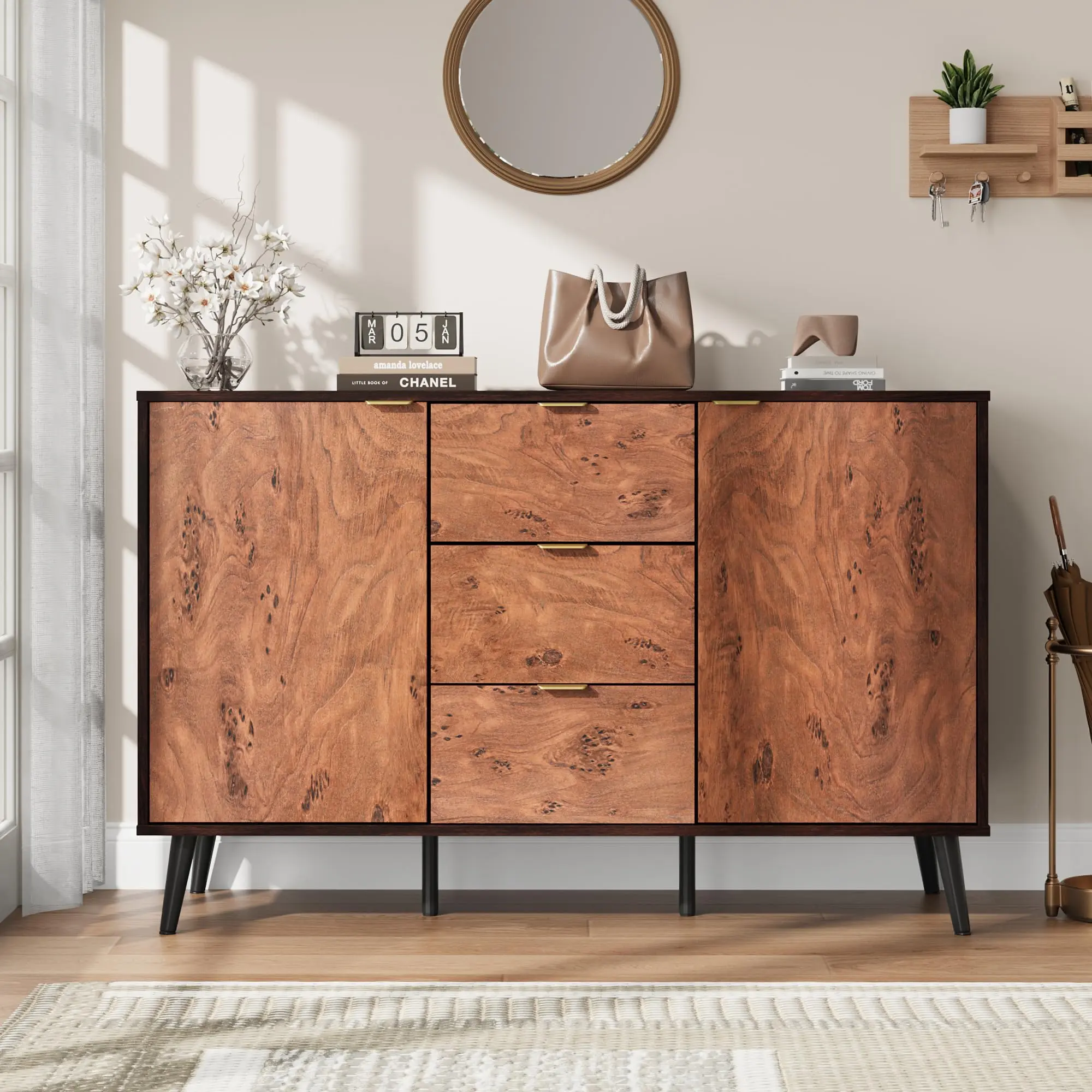 Spacious Storage Buffet Cabinet - Walnut Sideboard Credenza with Drawers, Shelves, and Doors - Coffee Bar Cabinet, Metal Handles for Dining Room or Kitchen