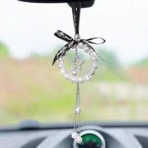 Car Rearview Mirror Hanging Ornament Lucky Crystal Pendant Sparkling Rhinestone Car Decoration Bling Women's Charm Accessory