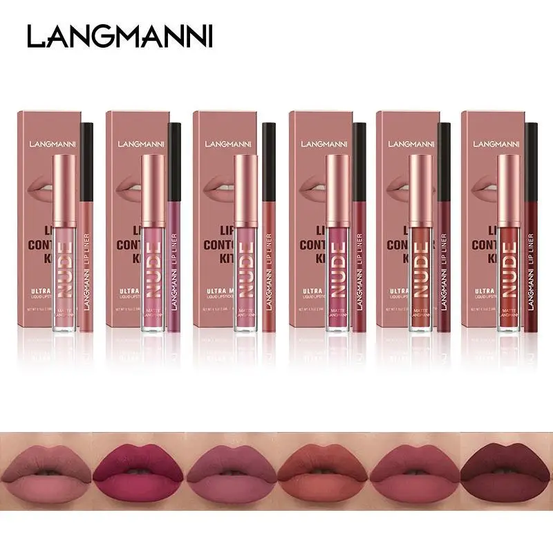 Long-lasting Lip Gloss & Lip Liner Makeup Set, 2 Counts Waterproof Liquid Lipstick, Moisturizing Lip Kit for Girls & Women, Cosmetic Gift, Christmas G