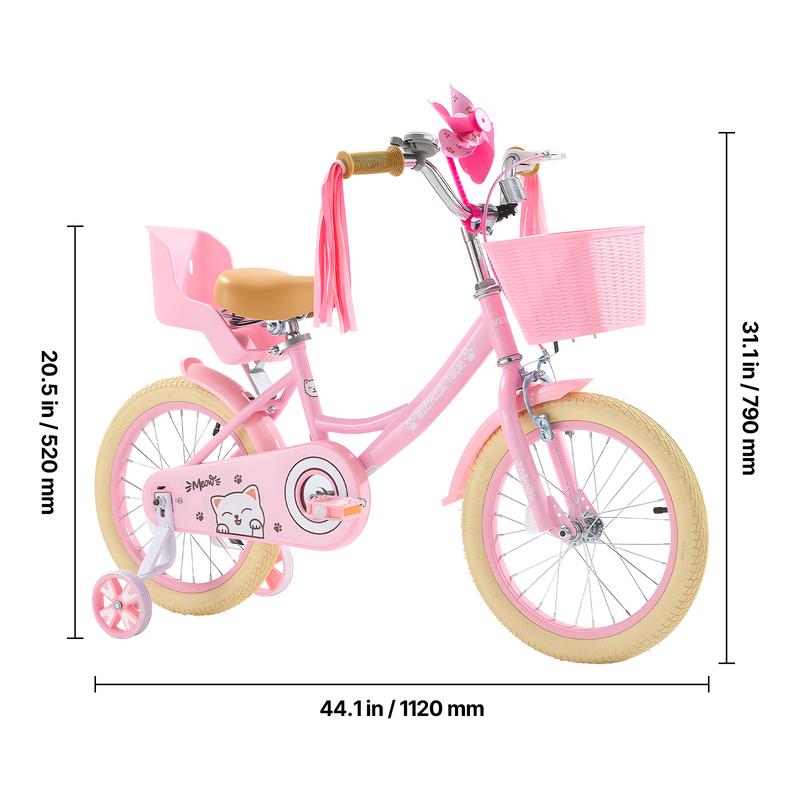 VEVOR Kids Bike,  16 Inches Princess Style Children Bicycle with Streamers & Basket, Rider Height 3.28 ft - 4.27 ft, Doll Seat & Training Wheels Included, Toddler Bike for Girls Learning to Ride, Pink