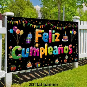 1pc 2D Flat Spanish Birthday Party Backdrop Banner with Black and Golden Balloons, "Feliz Cumpleaños" Text, Cake, Gifts, and Firecracker Design for Adult Photo Background, Birthday Party Decorati Ornaments White