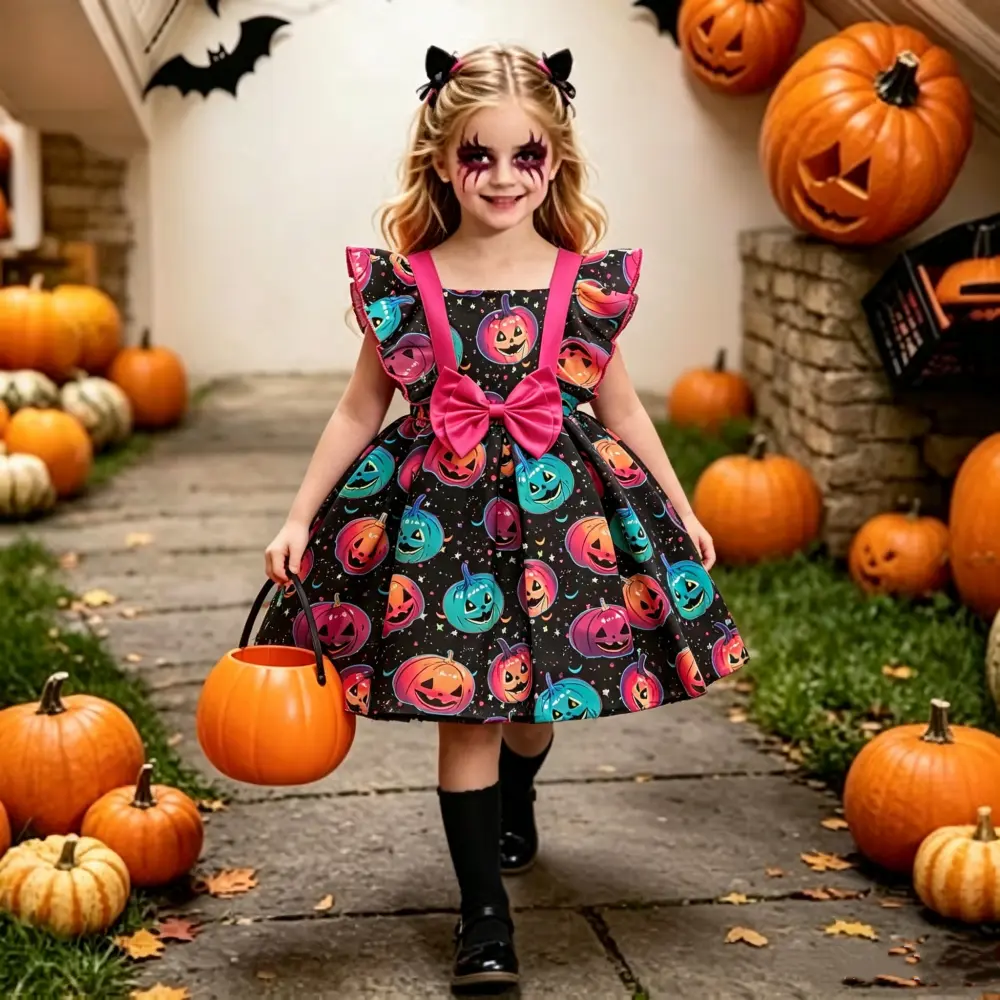 056 ( Only dress ) Girls Halloween Classic Pumpkin Colorful Costume Children's Bow Princess Dress Party Role Playing Ball Dress