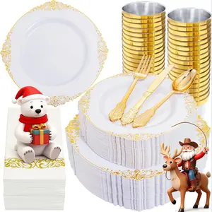 100 Piece and Gold Elegant Plastic Plates Set, Dinnerware Includes 20 Dessert Plates, 30 Utensils, 25 Cups, 25 Napkins