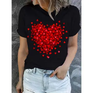 Women's Clothing - Heart Print T-shirt - Short Sleeve Crew Neck Casual Top - For Summer & Spring Black Crewneck