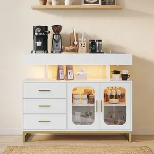 Modern Sideboard Buffet Cabinet with RGB LED Lights, Built-in Charging Station, Coffee Bar Storage Cabinet with 3 Drawers & 2 Doors for Kitchen