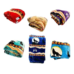 Native American Design Luxurious Plush Thick Wolf Puffy Reversible Blanket 79"x87"