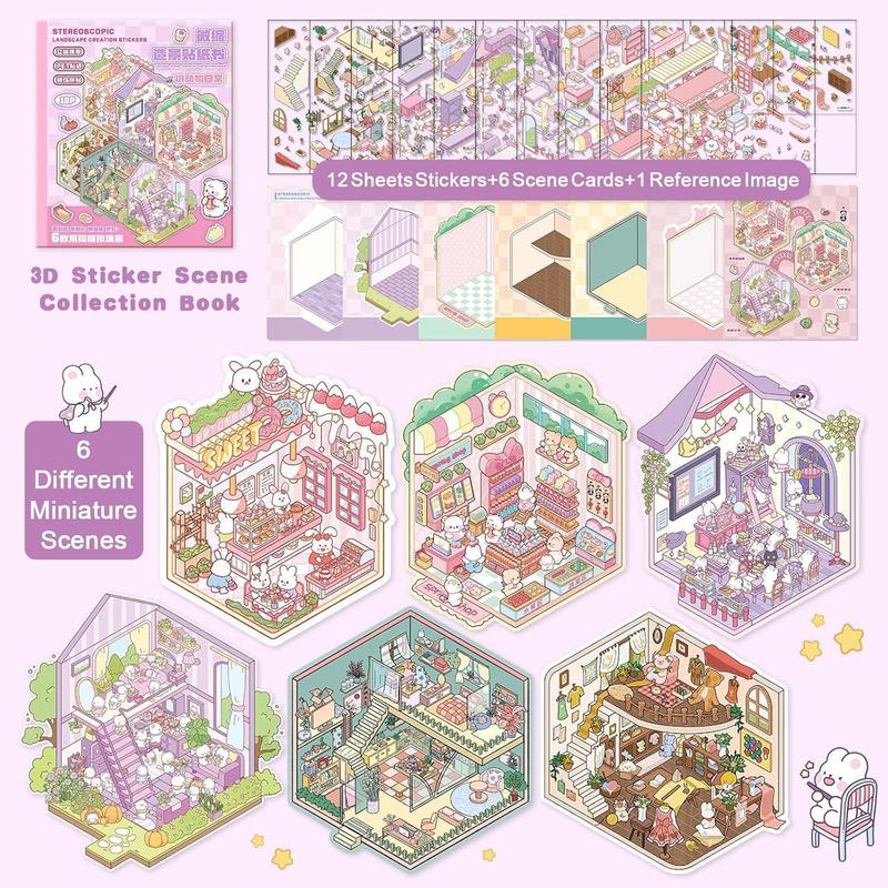 Valentine's Day New Year 2026 Gift DIY 3D Sticker Scene Collection Book for Stress Relief - 6 Sets of Make Your Own Mini Shop Scenes Stickers for Girls Kids Adult Sticker Therapy Cute Animal Stickers for Birthday with Tweezers