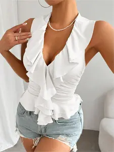 Women's Solid Color Tie Shoulder Ruffle Trim Crop Cami Top, Chic Casual Sleeveless Top for Summer, Ladies Clothes for Daily Wear, Womenswear