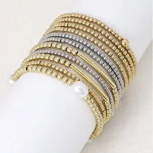 11-Piece Set Fashionable Retro Geometric Simple Gold and Silver Two-color Beaded Bracelet Multi-layer Stacking Design Elastic Bracelet Women's Daily Wear Party Vintage Luminescent Stainless Steel Bell Pendant Necklace