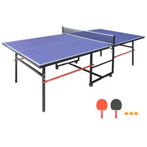 Blue Foldable MDF Table Tennis Table with Aluminum Frame, 96.06x48.03x29.92 in Space-Saving Portable Set Including Net, Paddles & Balls for Indoor Home Game Room, Office Use