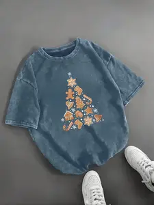 Vintage Gingerbread Christmas Tree Print Round Neck Washed Short Sleeve T-Shirt, Casual Loose Fit, Sweet Cool Style, Unisex Fashion Top