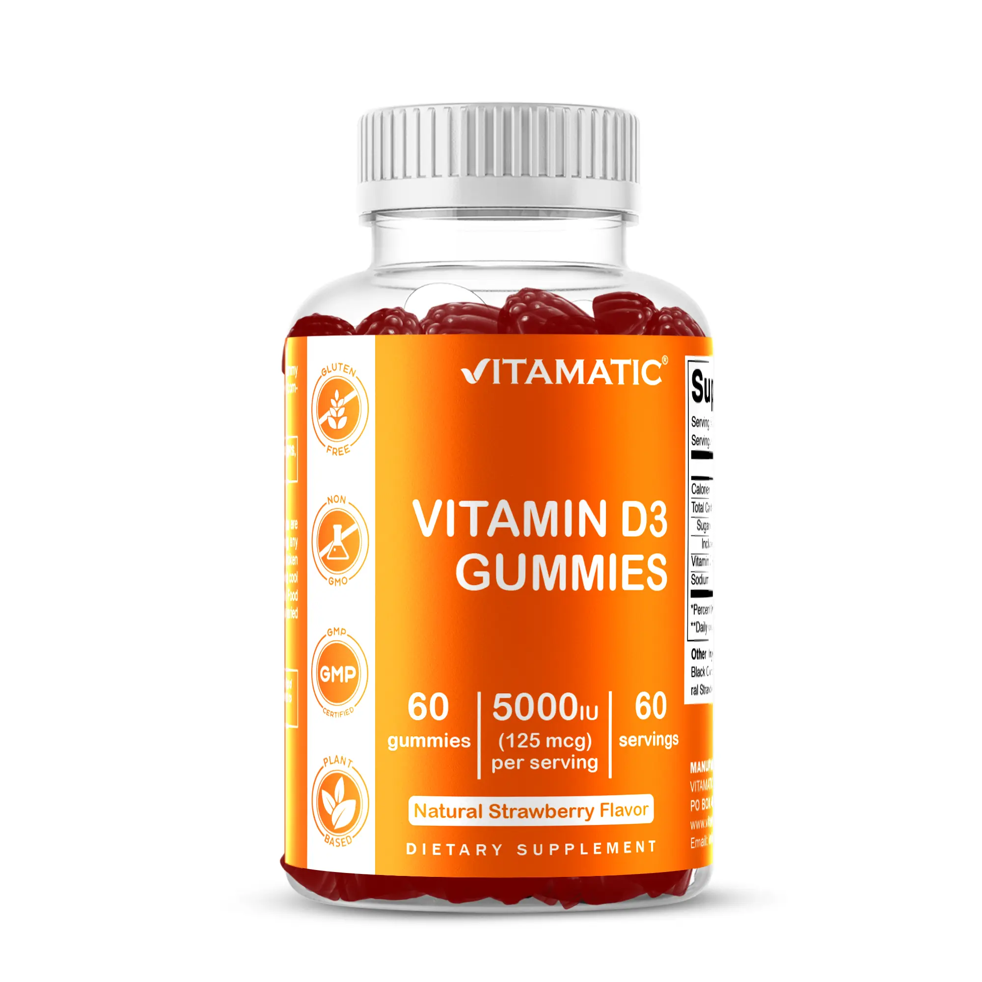 Vitamatic Natural Strawberry Flavor D3 Vitamins Supplements - 5000 IU Per Pectin-Based, Dye-Free Gummy - 60 Count, Gluten-Free Selfcare Dietary Supplement with Citric Acid, Glucose Syrup for Bone, Body Health & Immune Support