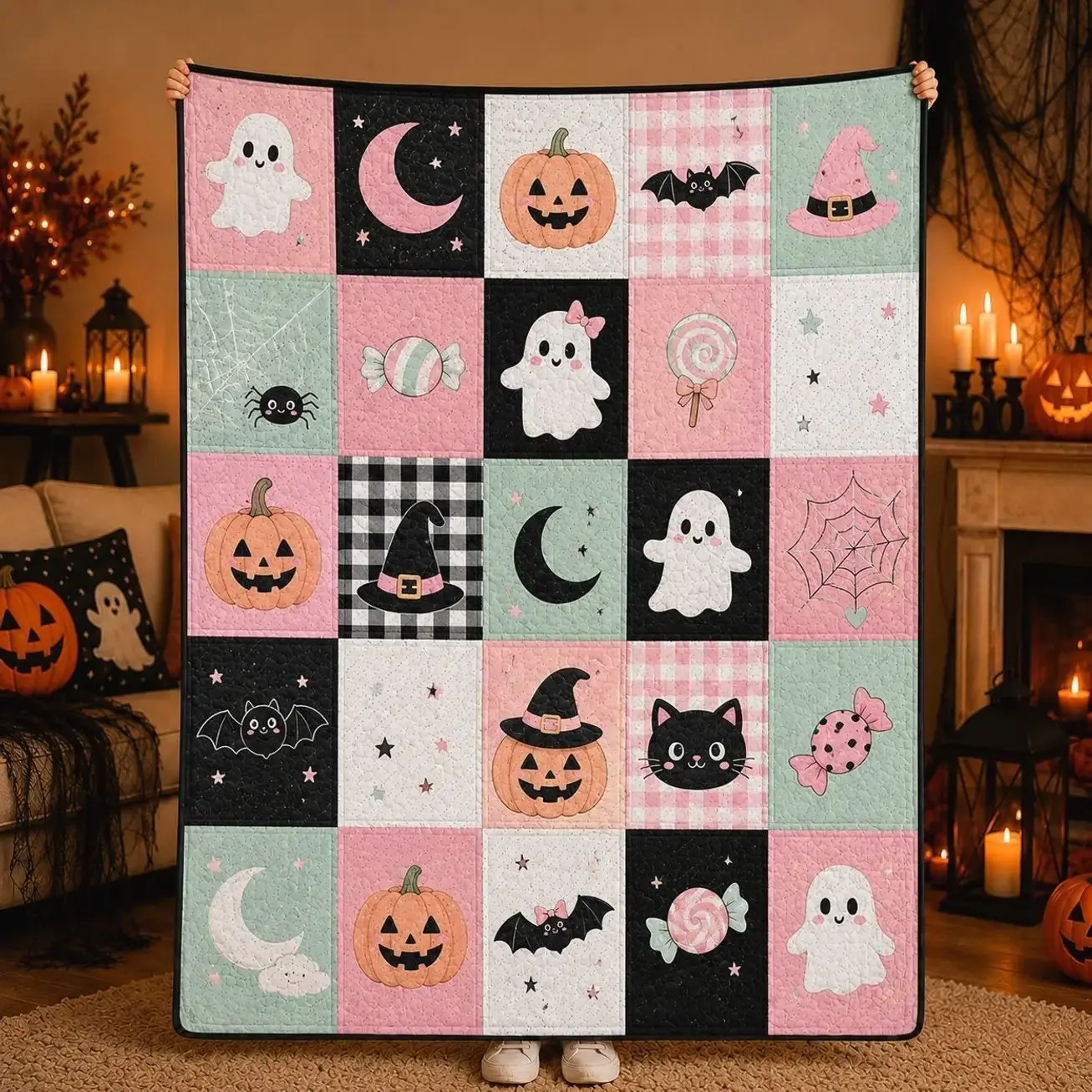 Pastel Halloween Patchwork Throw Blanket, Soft Flannel Pink Ghost Pumpkin Bat and Black Cat Print for Kids Bedroom and Spooky Lounge Decor, Cozy Lightweight Bed Throw for Movie Night, Halloween Gift for Girls, Teens and Cute Decor Fans