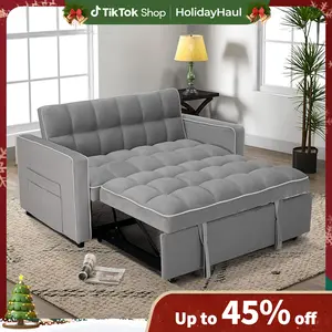 [HolidayHaul]EBELLO Velvet Convertible Pull Out Sofa Bed, 3-in-1 Loveseat Sleeper with Adjustable Backrest, Modern Futon Couch with 2 Pockets, Small Love Seat Sofas for Living Room, Bedroom, Apartment