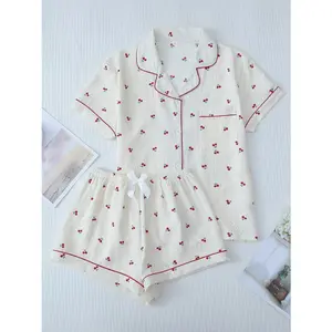 2026 Two Counts Women's Cherry/Heart/Floral Print Lapel Pocket Shirt & Bow Decor Shorts Pyjama Set, Button Front Short Sleeve Top & Contrast Binding Shorts Pj Set, Casual Comfortable Sleepwear Set for Women