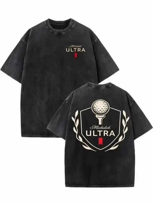 100% Cotton Michelob Ultra Golf Ball Wash Cotton Vintage Distressed Graphic Tee, Men's Short Sleeve Pure Cotton Washed T-Shirt Loose Fit, Retro Sports Streetwear Vintage Casual Golf Beer Aesthetic Baggy