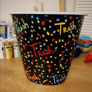 1.5 Gallon Black Trash Can with Multicolored TRASH and splatters for the bedroom, bathroom, office, craft room or children's room, bathroom, playroom, dorm or office