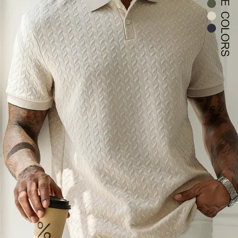 Father's Day Gift，Men's Classic Fitted Knit Textured Striped Polo Shirt, Casual Short Sleeve Button Front Top for Summer, Fashion Men's Clothes for Daily Wear, Understated Elegance