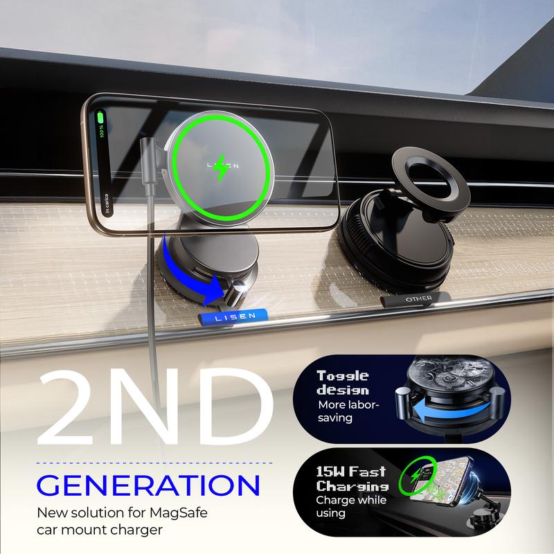 LISEN 15W Magsafe Car Mount Charger，[Lever Lock] Suction Cup Phone Mount,360° Vacuum Magnetic Car Phone Holder Charger Wireless for iPhone 17 Pro Max Air 16-12,Pixel 10,Samsung with MagSafe Case
